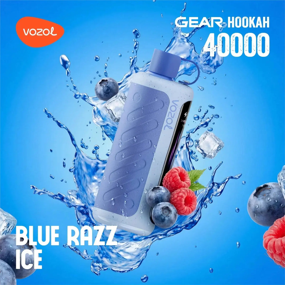 VOZOL Gear Hookah 40000 Blue Razz Ice product with water and berries on a blue background. ORDER NOW AND GET 20% OFF / wevape.net