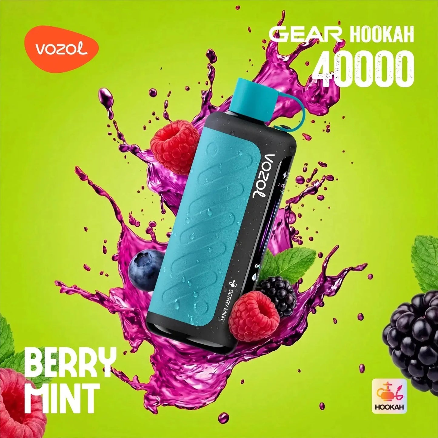VOZOL Gear Hookah 40000 with berry and mint elements on a green background. ORDER NOW AND GET 20% OFF / wevape.net