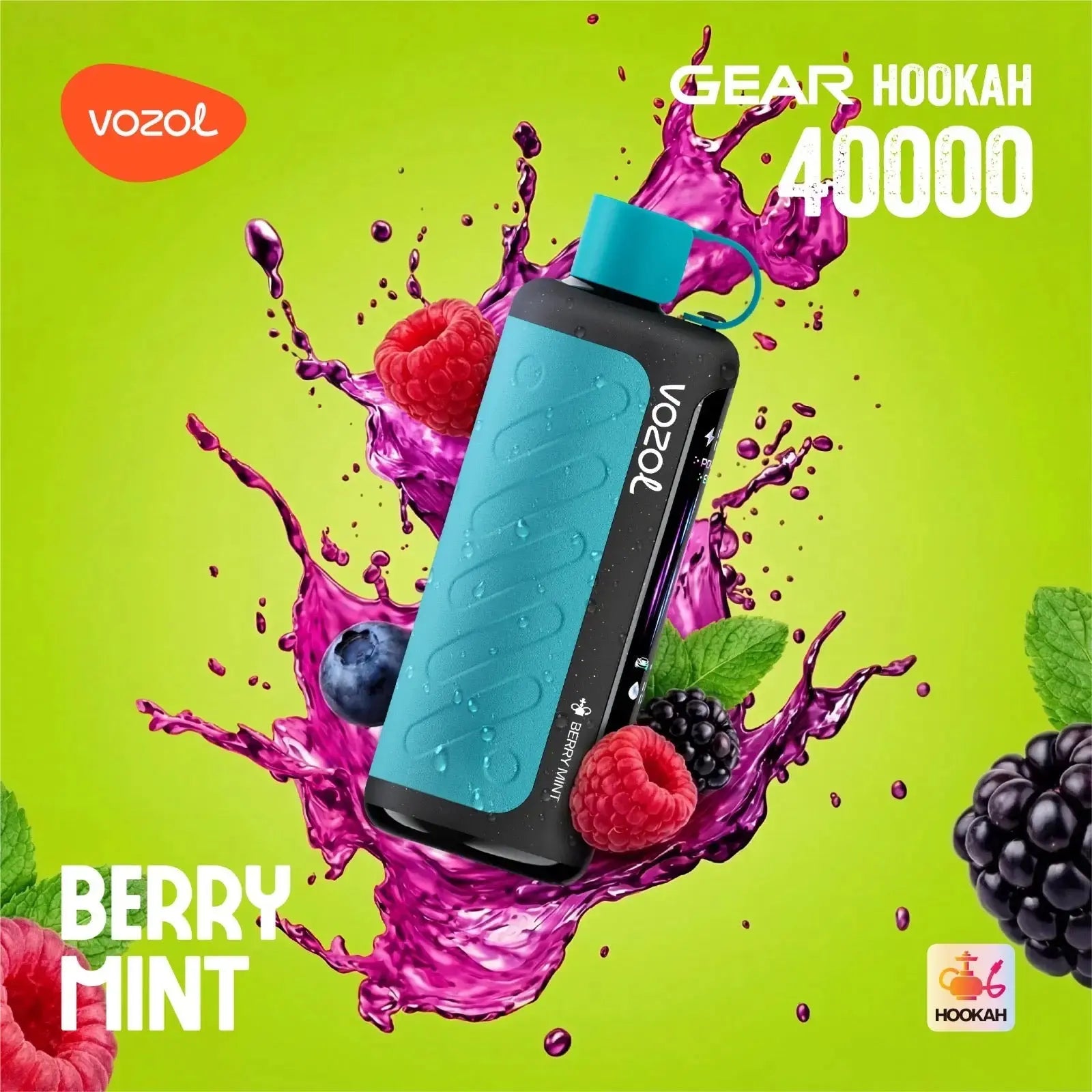 VOZOL Gear Hookah 40000 with berry and mint elements on a green background. ORDER NOW AND GET 20% OFF / wevape.net