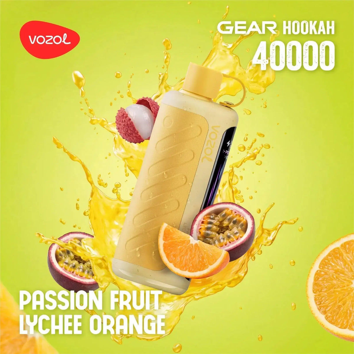 VOZOL Gear Hookah 40000 with passion fruit, lychee, and orange on a green background. ORDER NOW AND GET 20% OFF / wevape.net