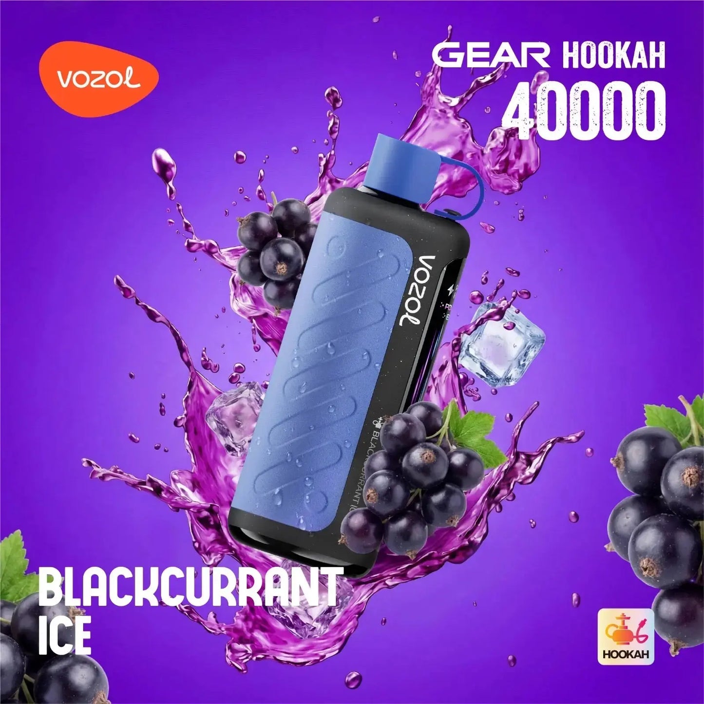 VOZOL Gear Hookah 40000 Blackcurrant Ice flavor on a purple background with blackcurrants and ice cubes. ORDER NOW AND GET 20% OFF / wevape.net