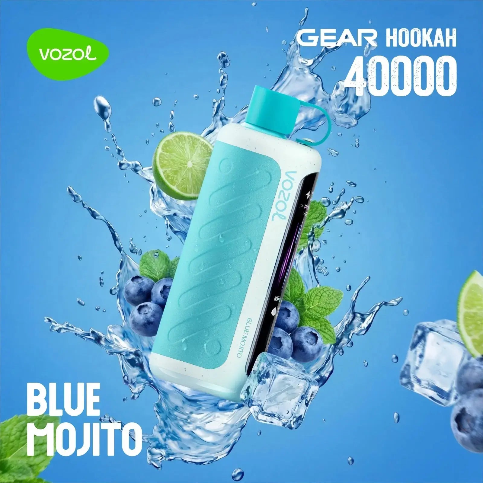 VOZOL Gear Hookah 40000 Blue Mojito with water splashes and fruits on a blue background. ORDER NOW AND GET 20% OFF / wevape.net