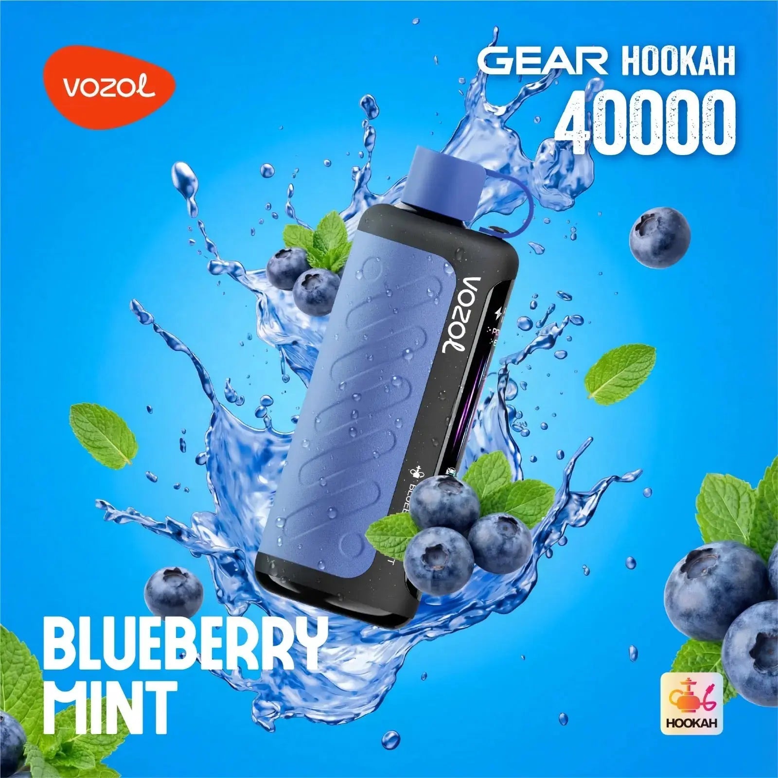 VOZOL Gear Hookah 40000 with blueberries and mint leaves on a blue background. ORDER NOW AND GET 20% OFF / wevape.net
