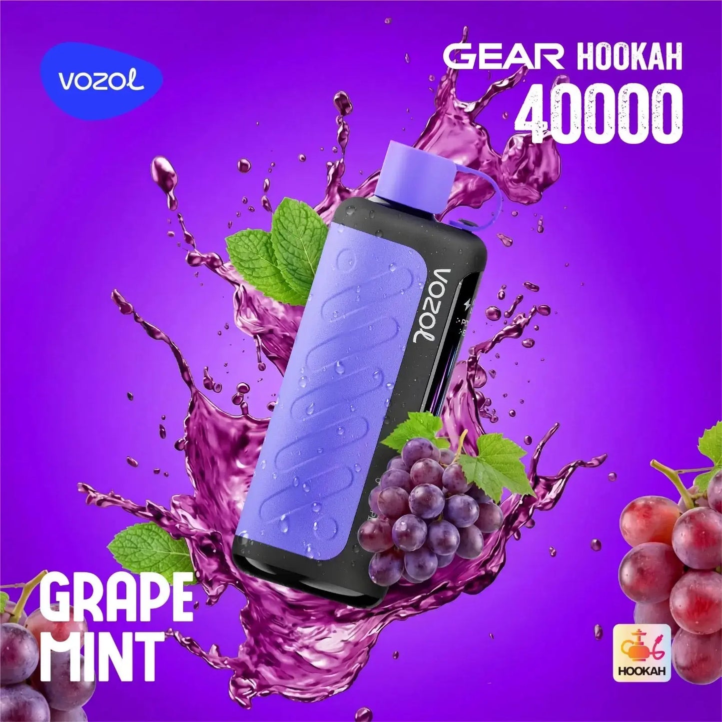 VOZOL Gear Hookah 40000 with grape and mint elements on a purple background. ORDER NOW AND GET 20% OFF / wevape.net