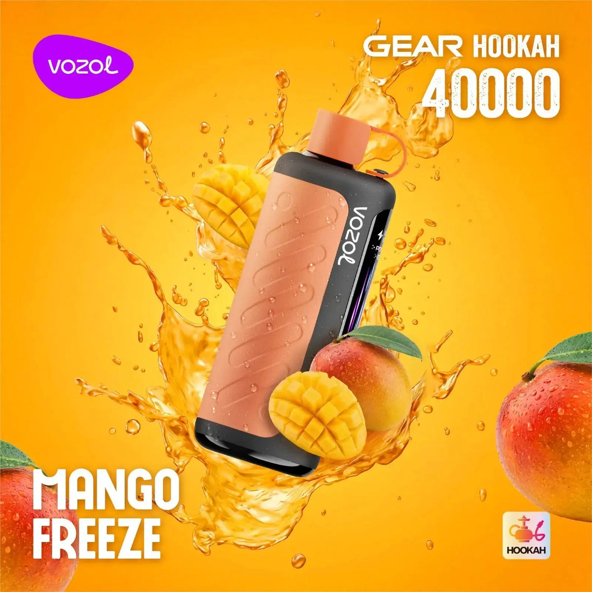 VOZOL Gear Hookah 40000 Mango Freeze flavor on a vibrant yellow background with mangoes. ORDER NOW AND GET 20% OFF / wevape.net