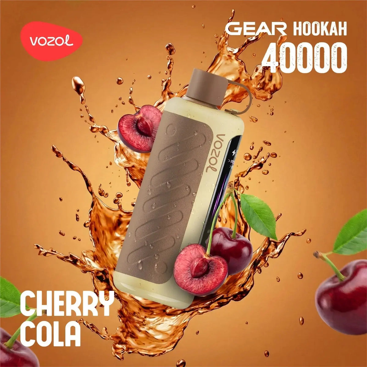 VOZOL Gear Hookah 40000 Cherry Cola flavor product with cherry and cola splashes on a brown background. ORDER NOW AND GET 20% OFF / wevape.net