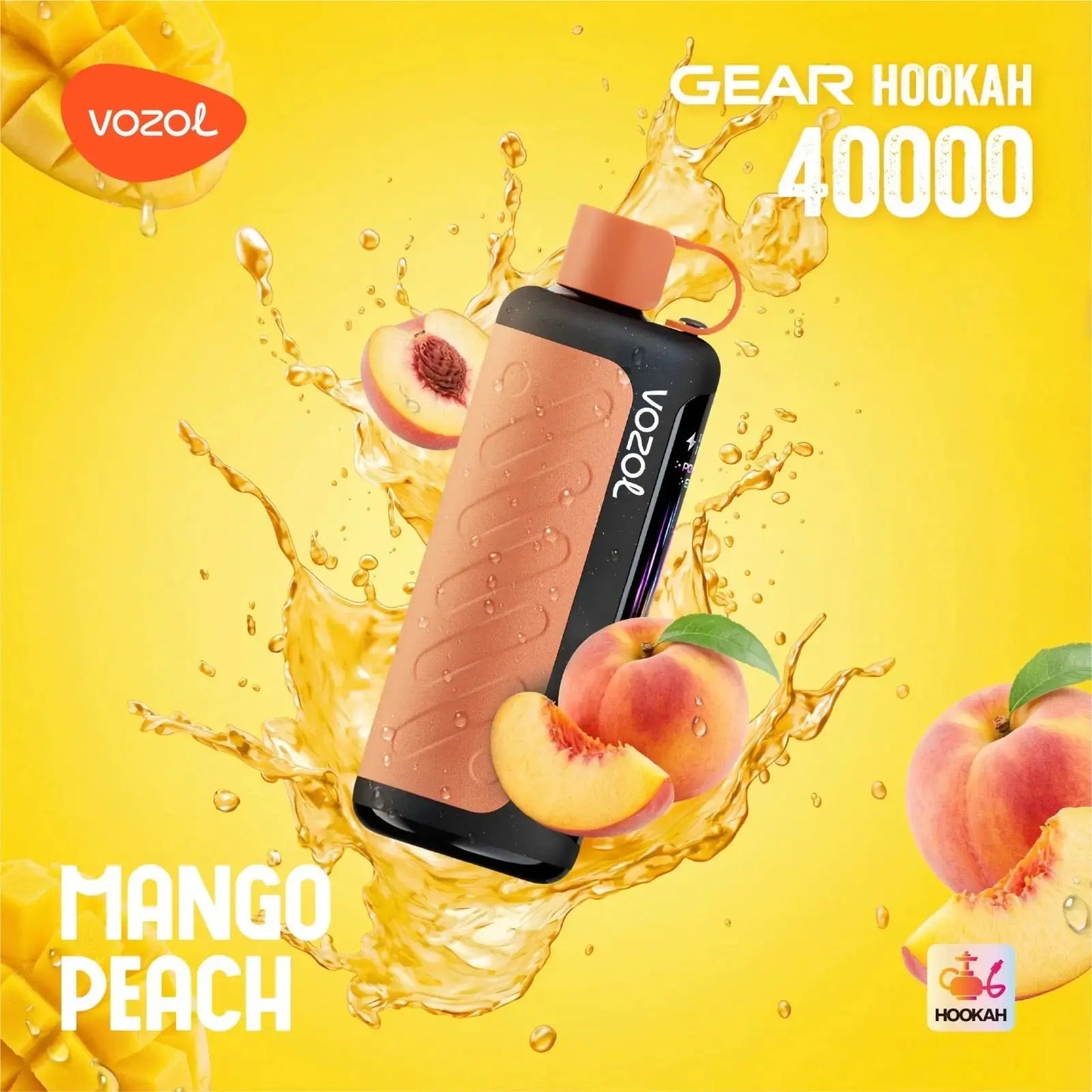 VOZOL Gear Hookah 40000 Mango Peach flavor product on a yellow background with peaches and water splashes. ORDER NOW AND GET 20% OFF / wevape.net