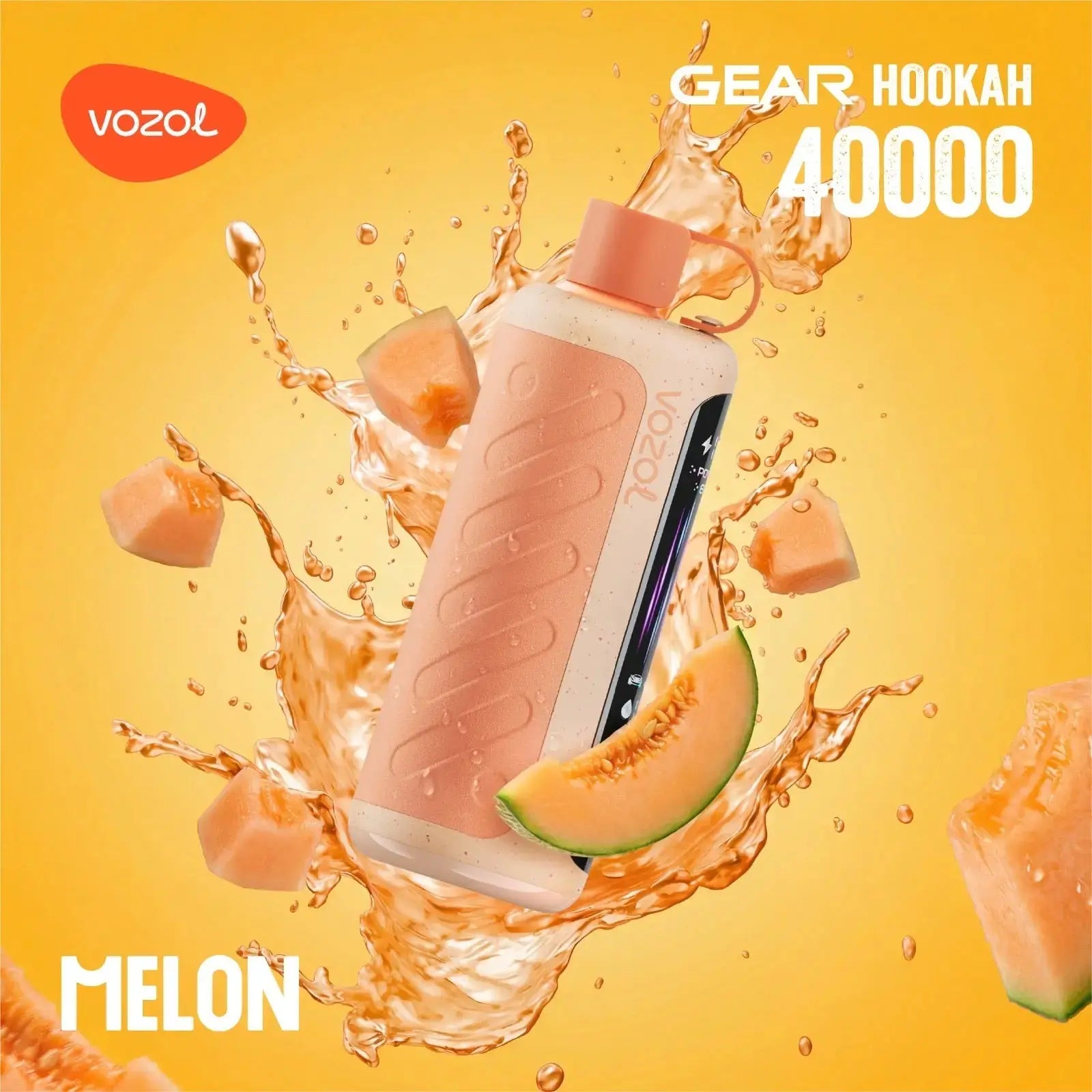 VOZOL Gear Hookah 40000 Melon flavor product with melon slices and juice splashes on a yellow background. ORDER NOW AND GET 20% OFF / wevape.net