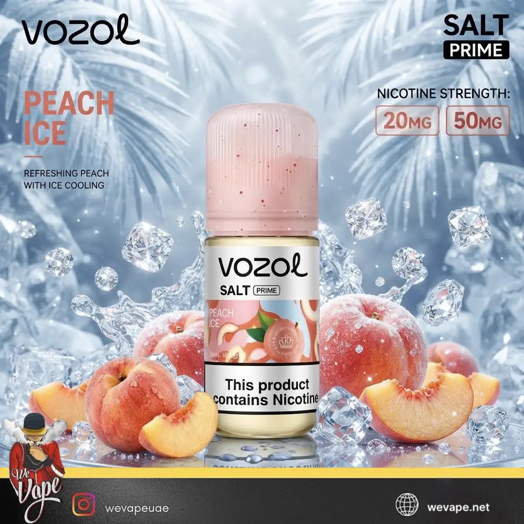 Vozol Salt Prime Peach Ice e-liquid bottle centered on a frosty blue background with ice cubes, peaches, and peach slices. Text on the image includes 'Vozol', 'Salt Prime', 'Peach Ice', 'Refreshing Peach with Ice Cooling', 'Nicotine Strength: 20MG 50MG', 