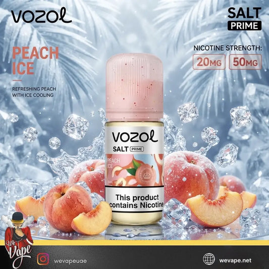 Vozol Salt Prime Peach Ice e-liquid bottle centered on a frosty blue background with ice cubes, peaches, and peach slices. Text on the image includes 'Vozol', 'Salt Prime', 'Peach Ice', 'Refreshing Peach with Ice Cooling', 'Nicotine Strength: 20MG 50MG', 
