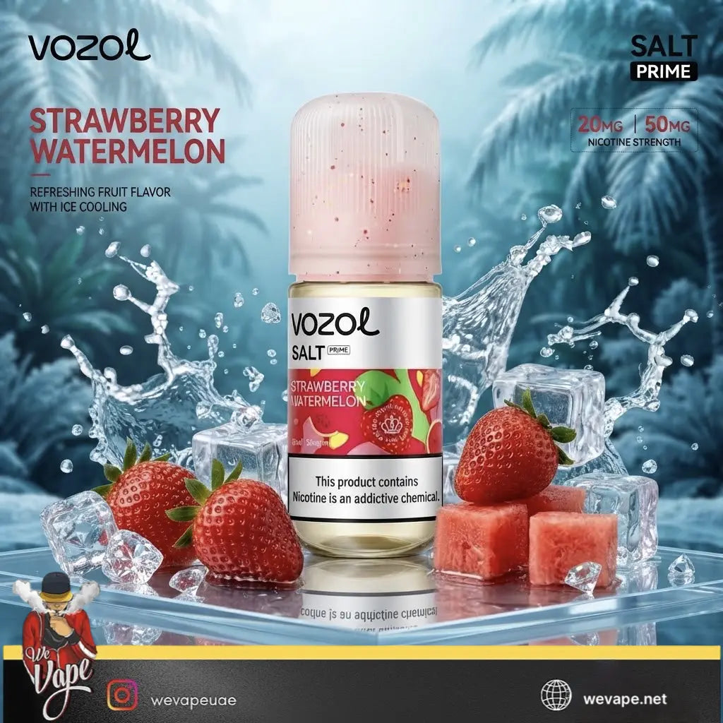 Vozol Salt Prime Saltnic in Strawberry Watermelon with Ice cubes and water splash around the bottle.