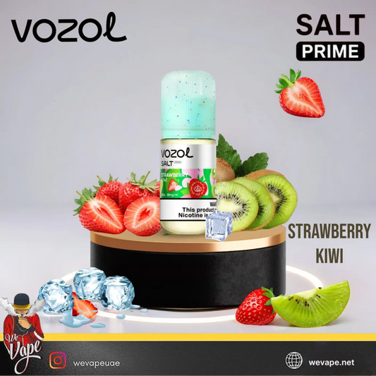 Vozol Salt Prime Strawberry Kiwi e-liquid bottle displayed on a black and gold pedestal with fresh strawberries, kiwi slices, ice cubes, and the Vozol branding on a light gray background.