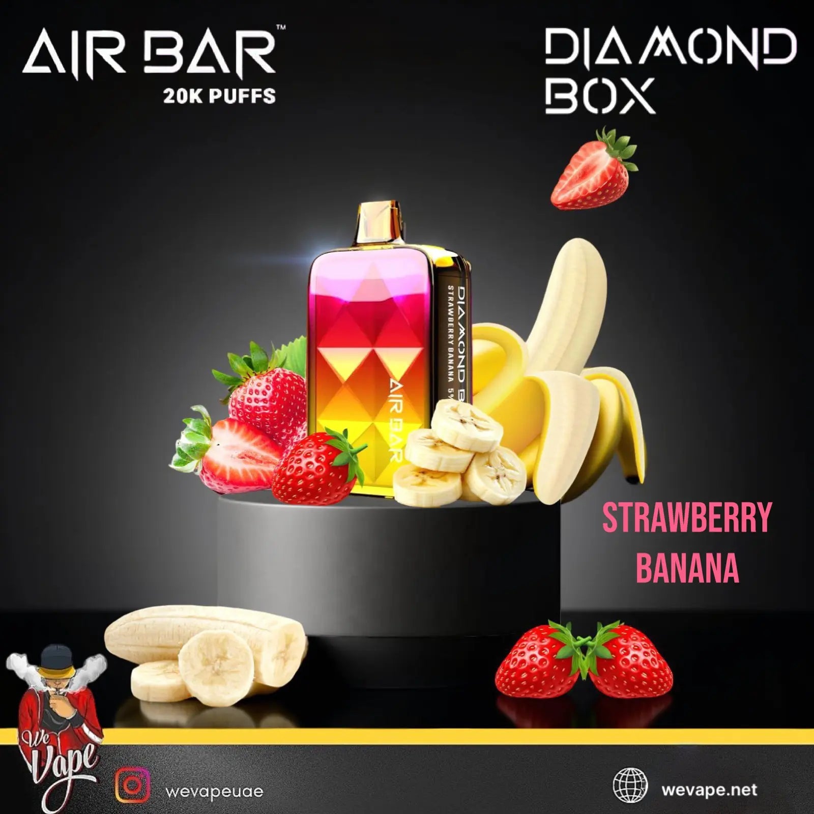Air Bar vape device with strawberry and banana elements on a dark background. Order now and get Free Delivery