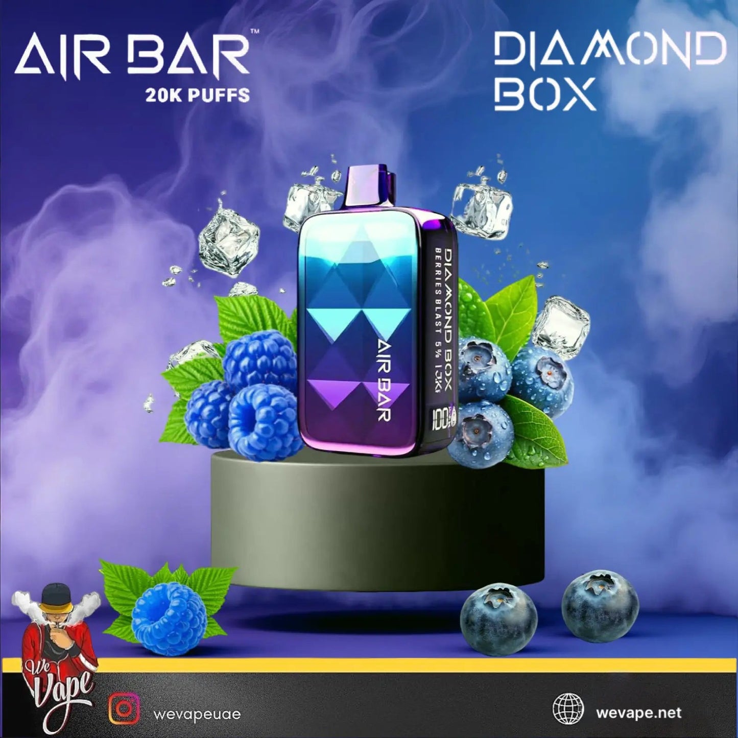 Air Bar vape device with blueberries and leaves on a blue background, featuring the brand 'Diamond Box'.Order NOW and get Free Delivery