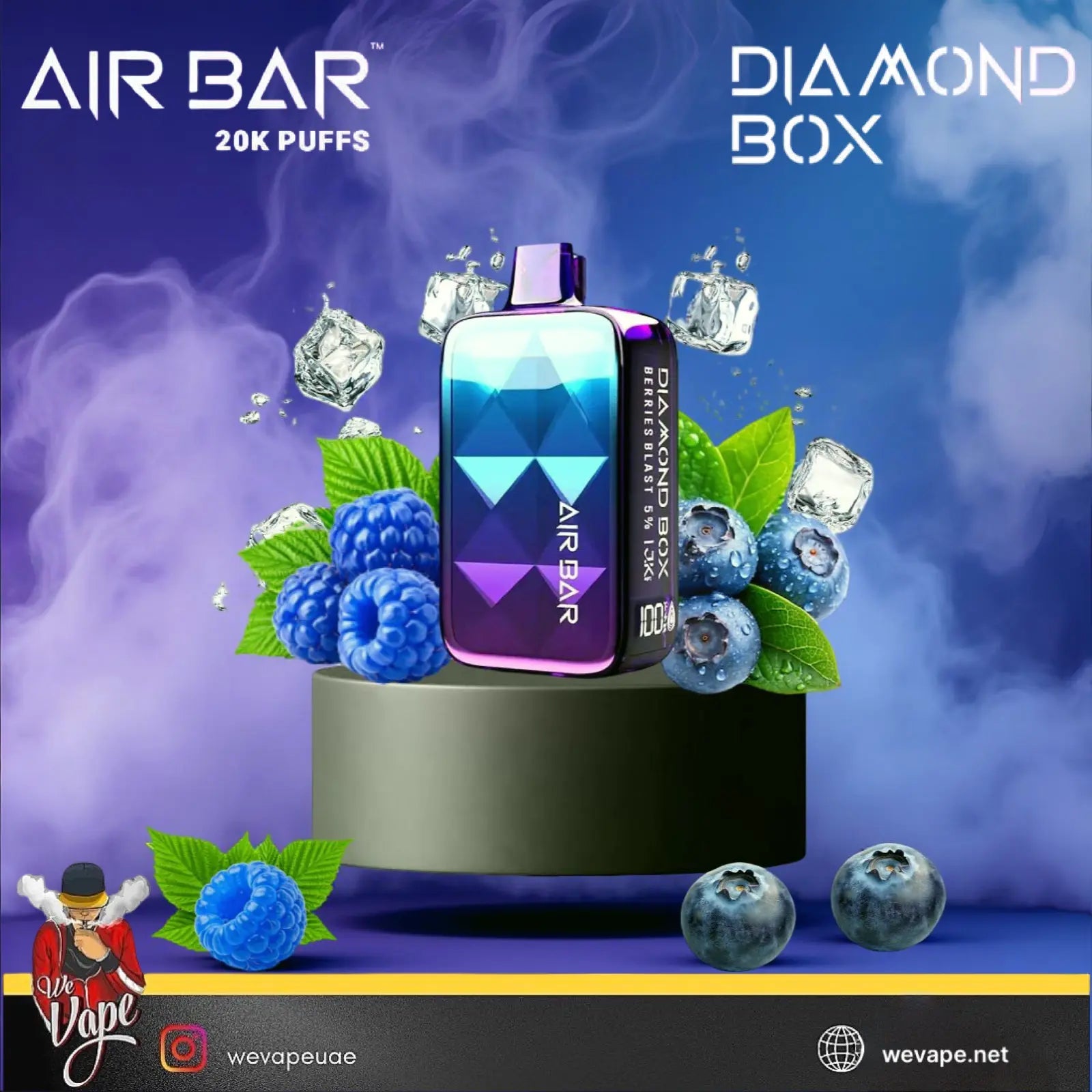 Air Bar vape device with blueberries and leaves on a blue background, featuring the brand 'Diamond Box'.Order NOW and get Free Delivery