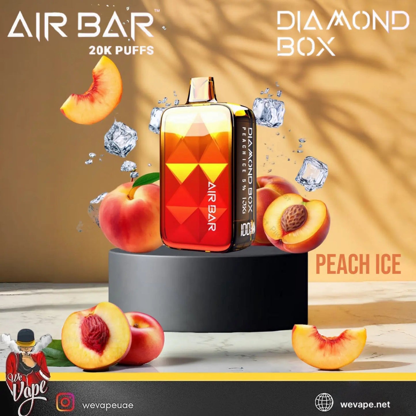 Air Bar vape device with peach ice flavor on a decorative stand with peaches and ice cubes. Order Now and get FREE Delivery