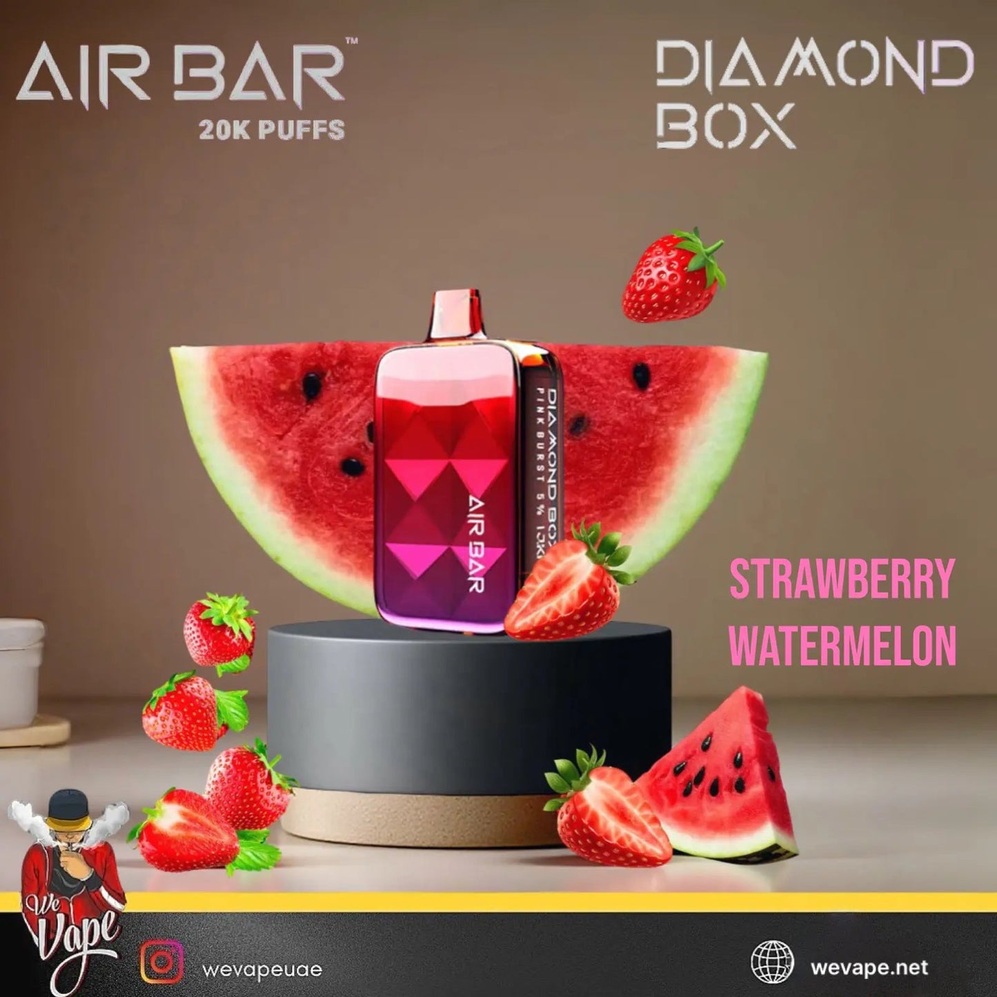 Air Bar vape device with strawberry watermelon flavor on a display stand with watermelon and strawberry slices. Order Now and get Free Delivery