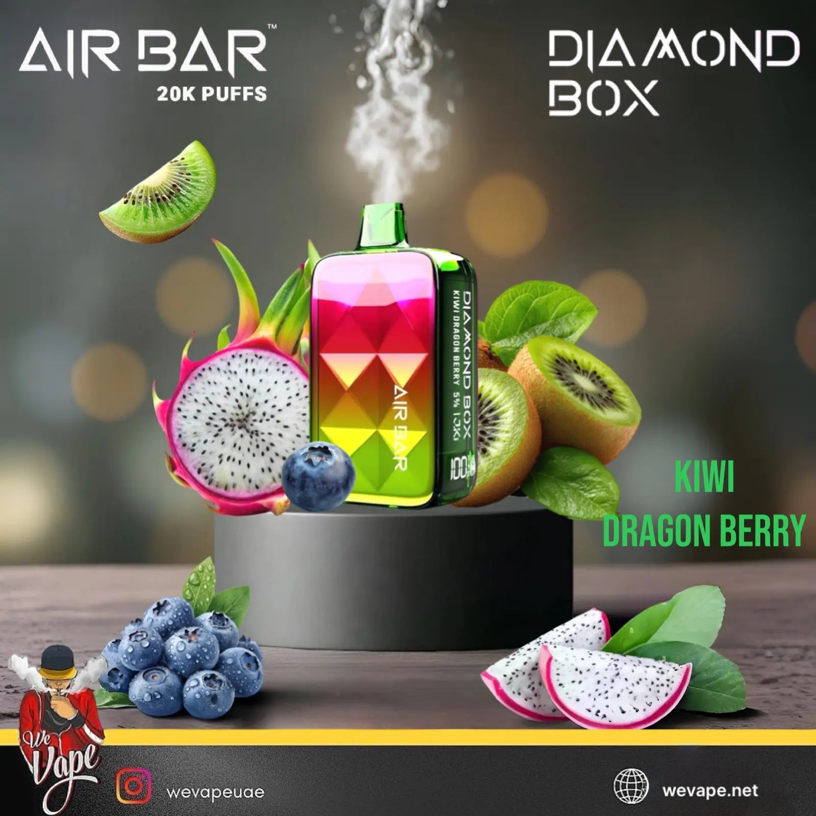 Diamond Box Air Bar vape device with fruit-themed packaging and ingredients on a dark background. Order Now and get Free Delivery