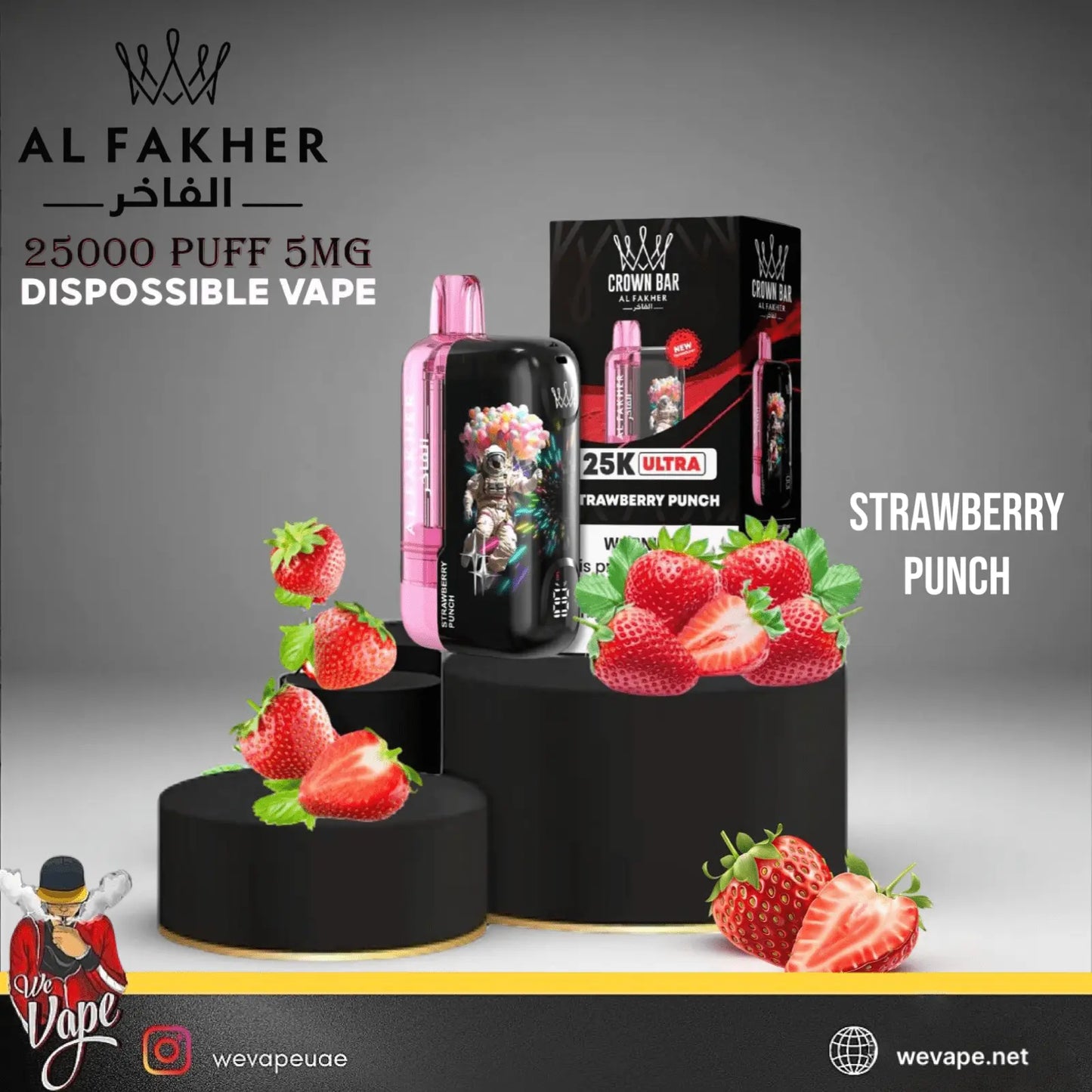 Al Fakher disposable vape with strawberry punch flavor on a gray background