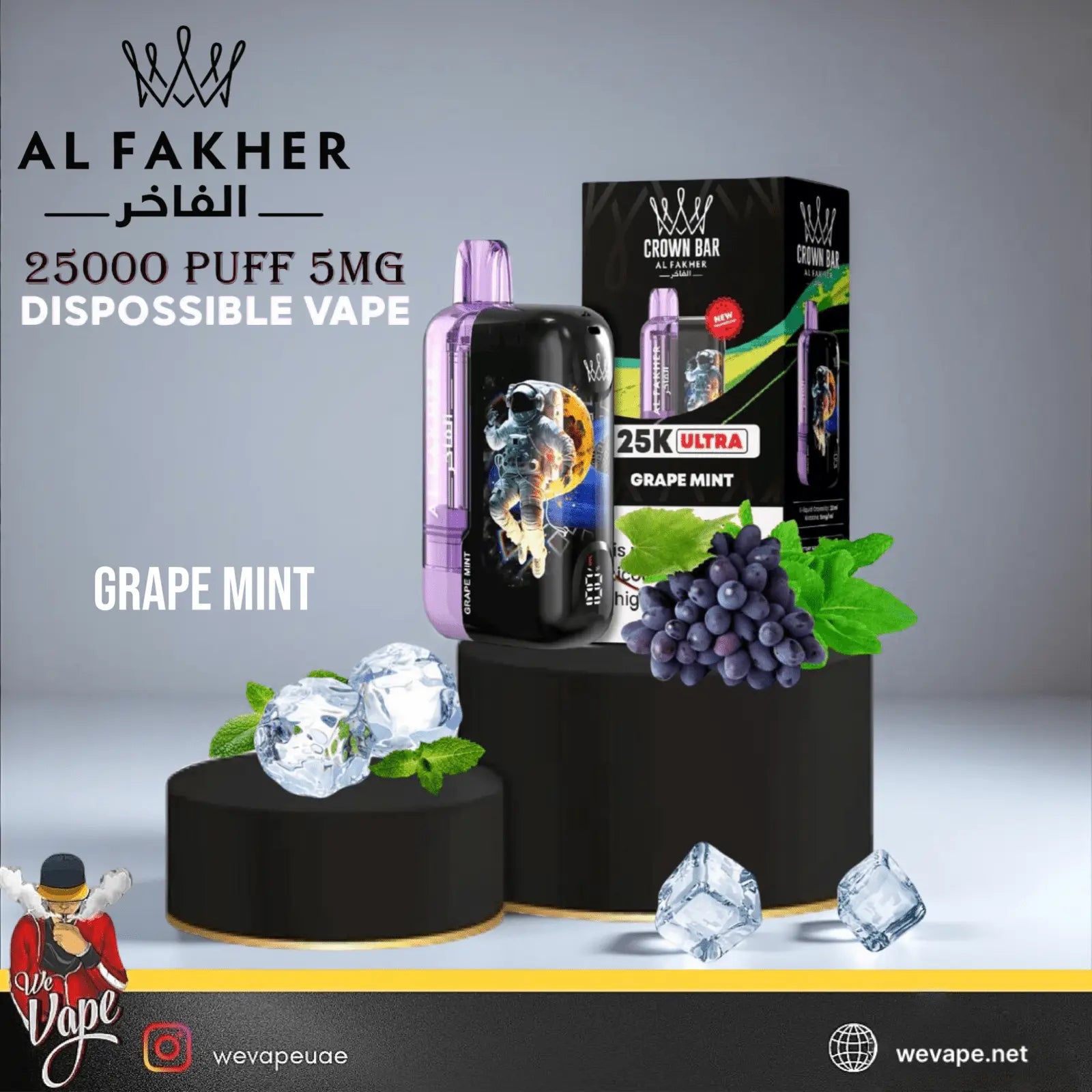 Al Fakher disposable vape with packaging and grape mint flavor elements on a gray background