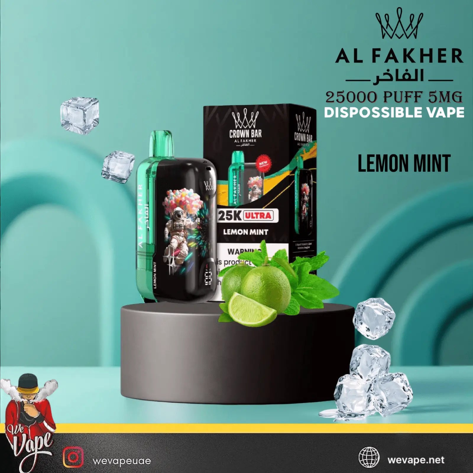 Al Fakher disposable vape with lemon mint flavor on a green background