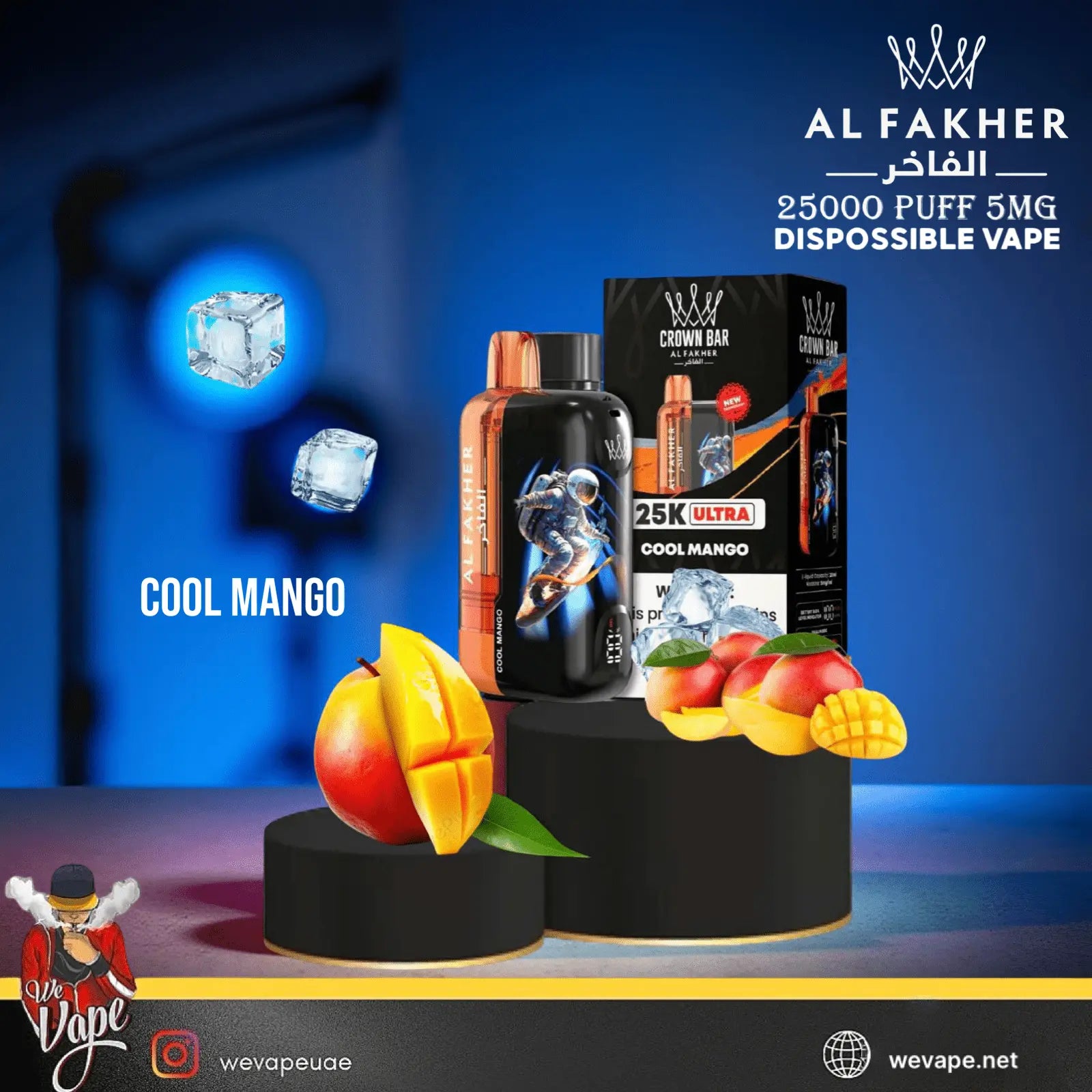 Al Fakher vape device and packaging with mangoes and ice cubes on a blue background