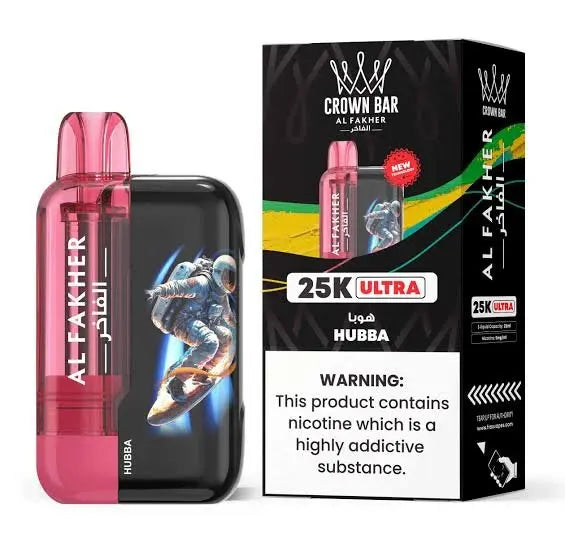 Pink vape device with 'Al Fakher' branding and packaging on a white background