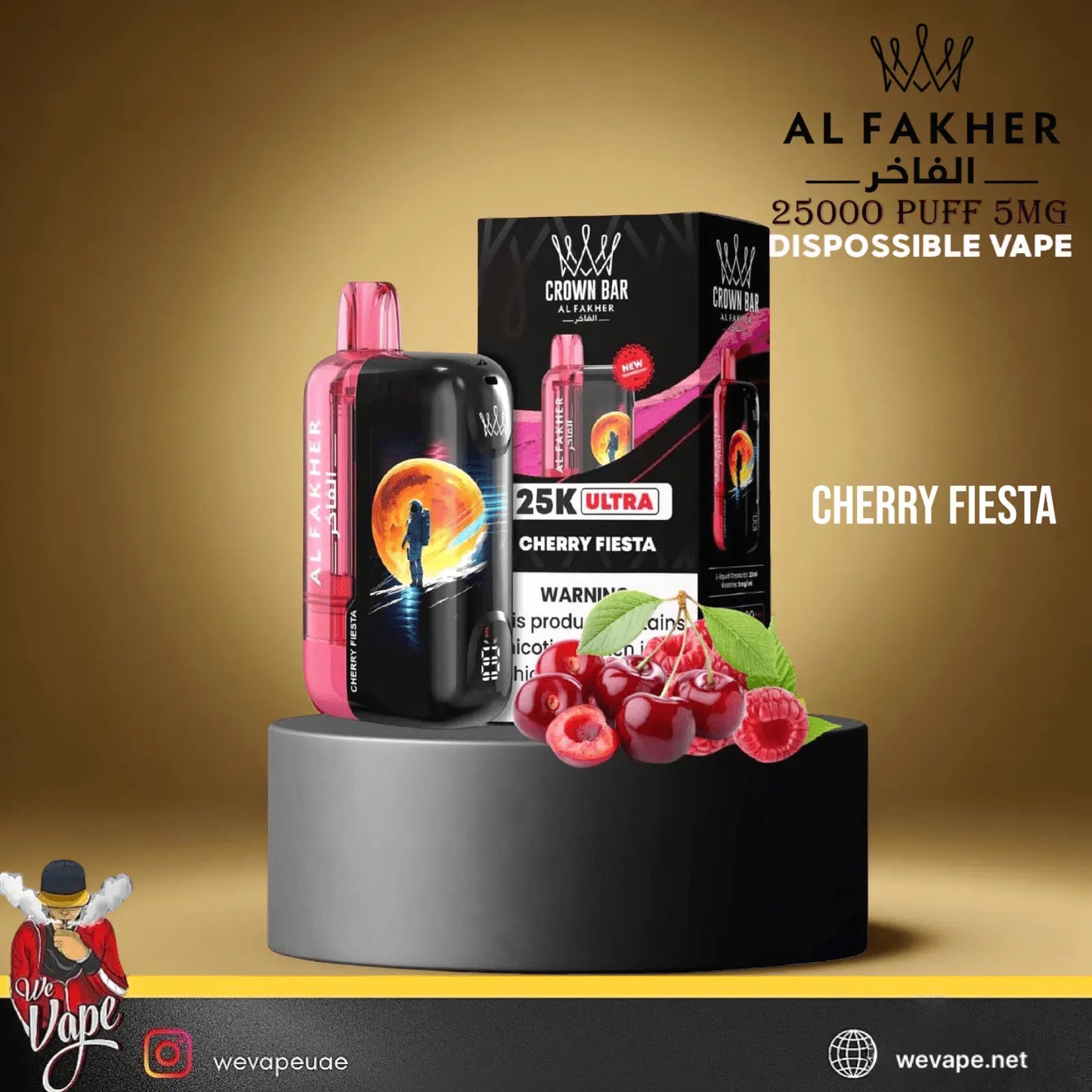 Al Fakher Cherry Fiesta vape with packaging and cherries on a yellow background