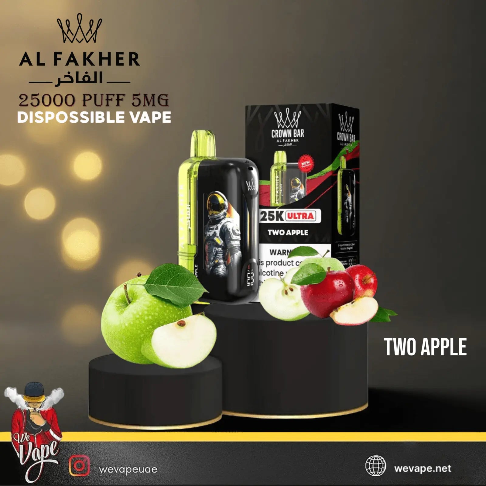 Al Fakher vape device with packaging and apples on a dark background
