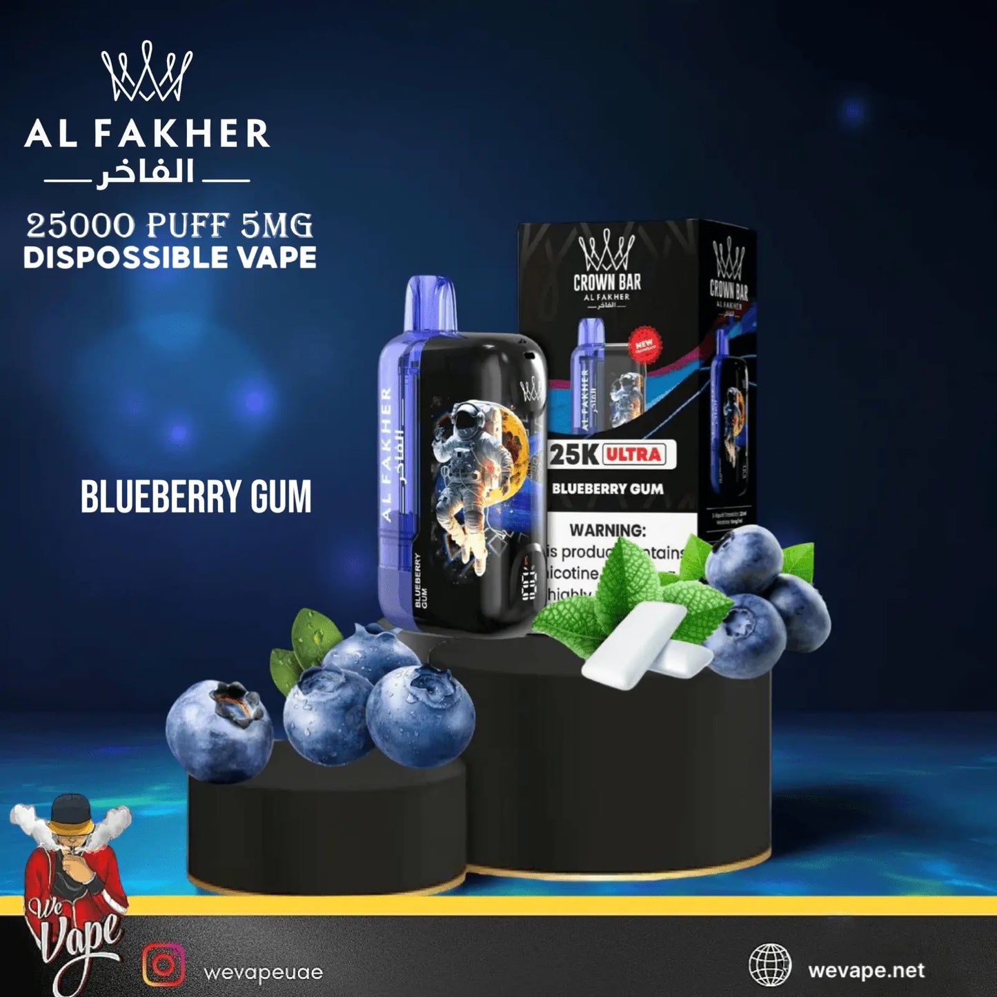 Al Fakher 25000 Puff 5MG Disposable Vape with blueberries and packaging on a dark background