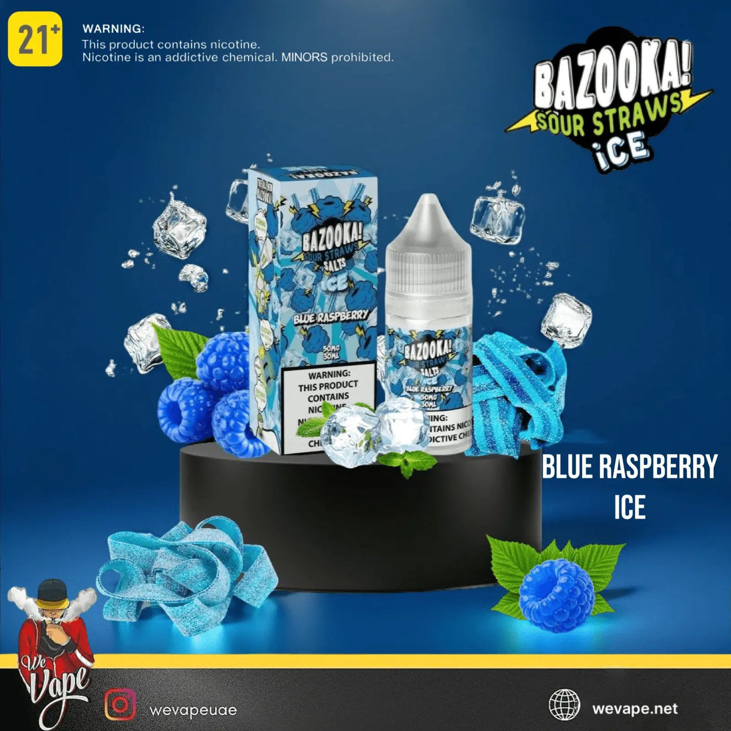 Bazooka Sour Straws Ice Blue Raspberry product with packaging, bottle, and ice cubes on a blue background.