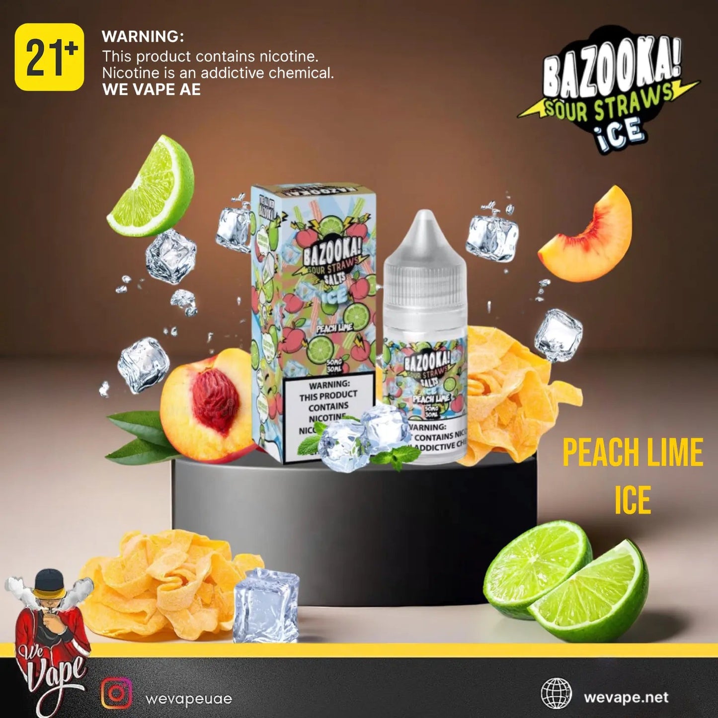 Bazooka Sour Straws Ice vape product with fruit slices and ice cubes on a brown background. Order Now and get free delivery.