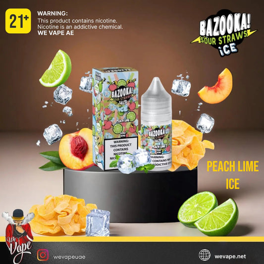 Bazooka Sour Straws Ice vape product with fruit slices and ice cubes on a brown background. Order Now and get free delivery.