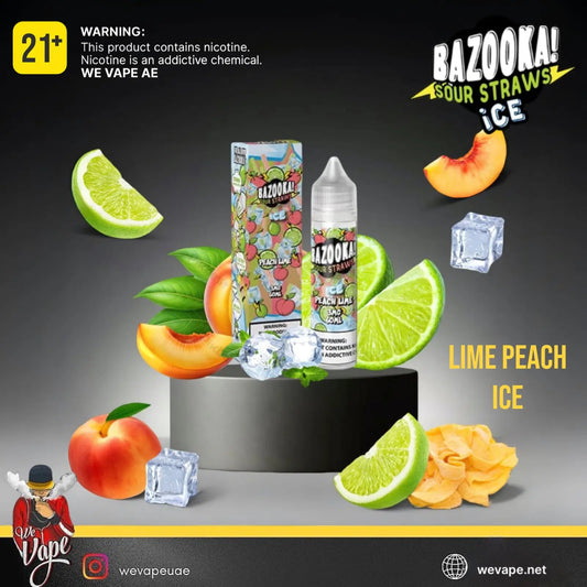 Bazooka Sour Straws Ice vape product with lime, peach, and ice elements on a dark background. Order Now and get FREE DELIVERY.