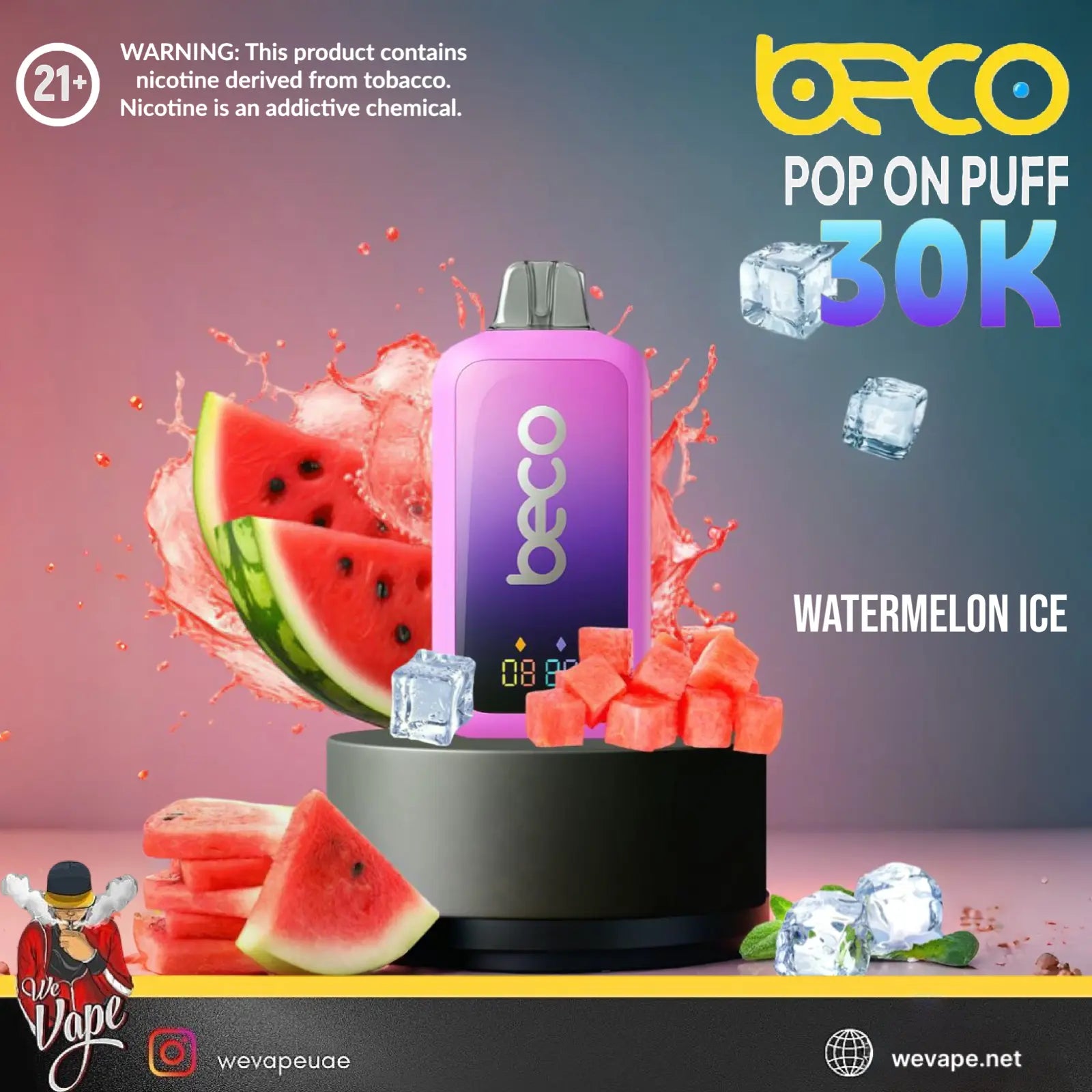 Beco vape device with watermelon and ice cubes on a colorful background