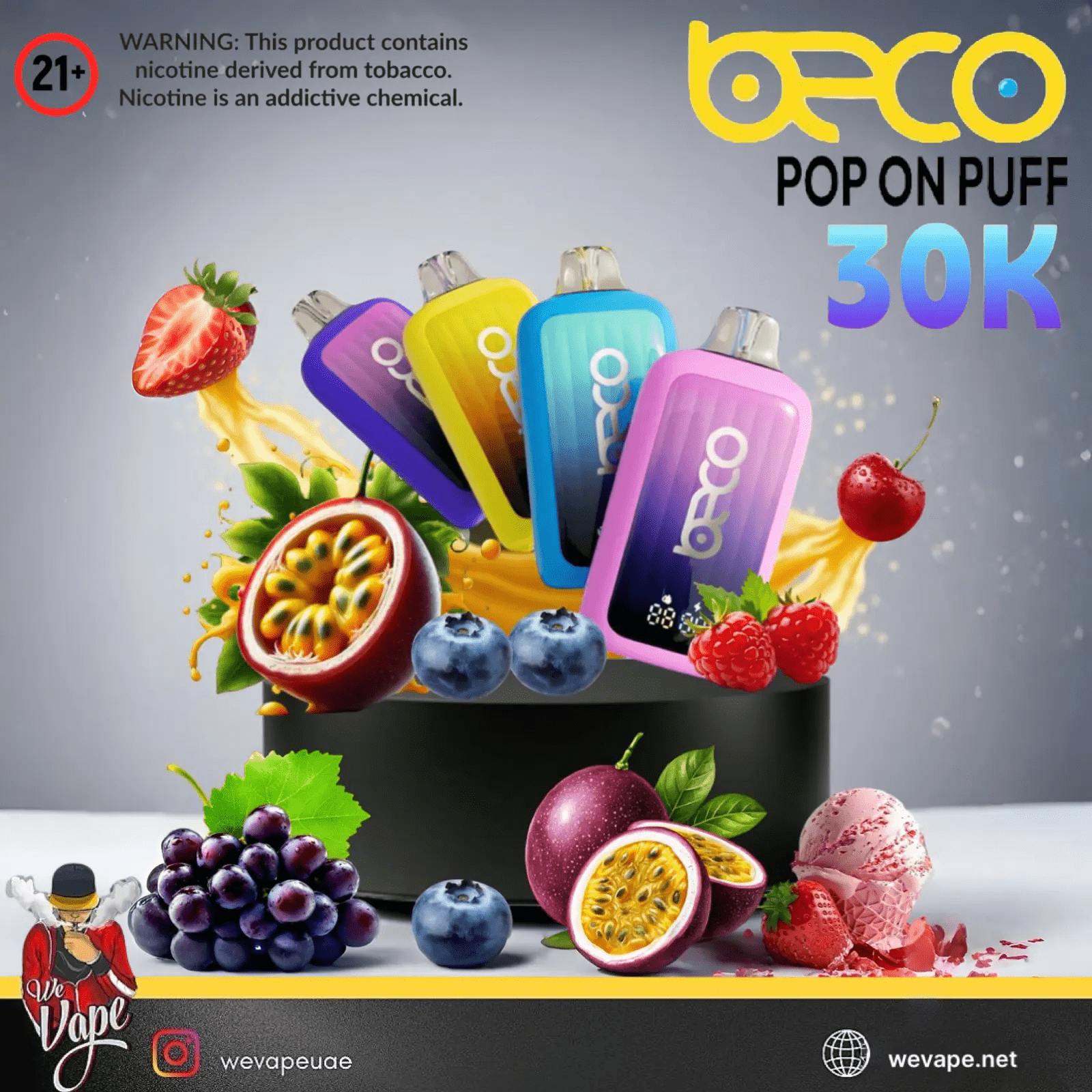 BECO POP Vape device with colorful packaging surrounded by fruits and ice cream, featuring the brand 'BECO'.