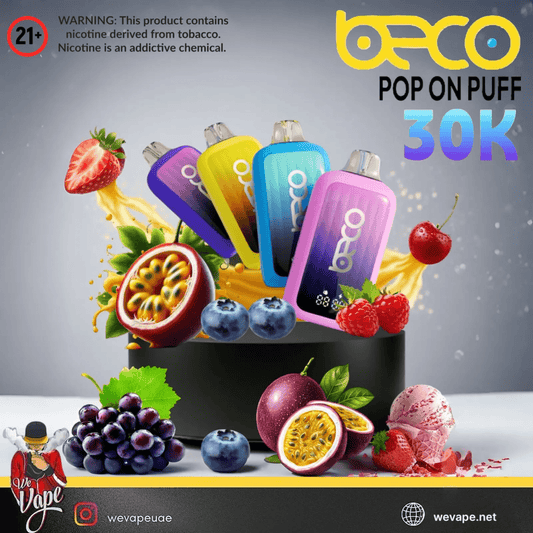 BECO POP Vape device with colorful packaging surrounded by fruits and ice cream, featuring the brand 'BECO'.