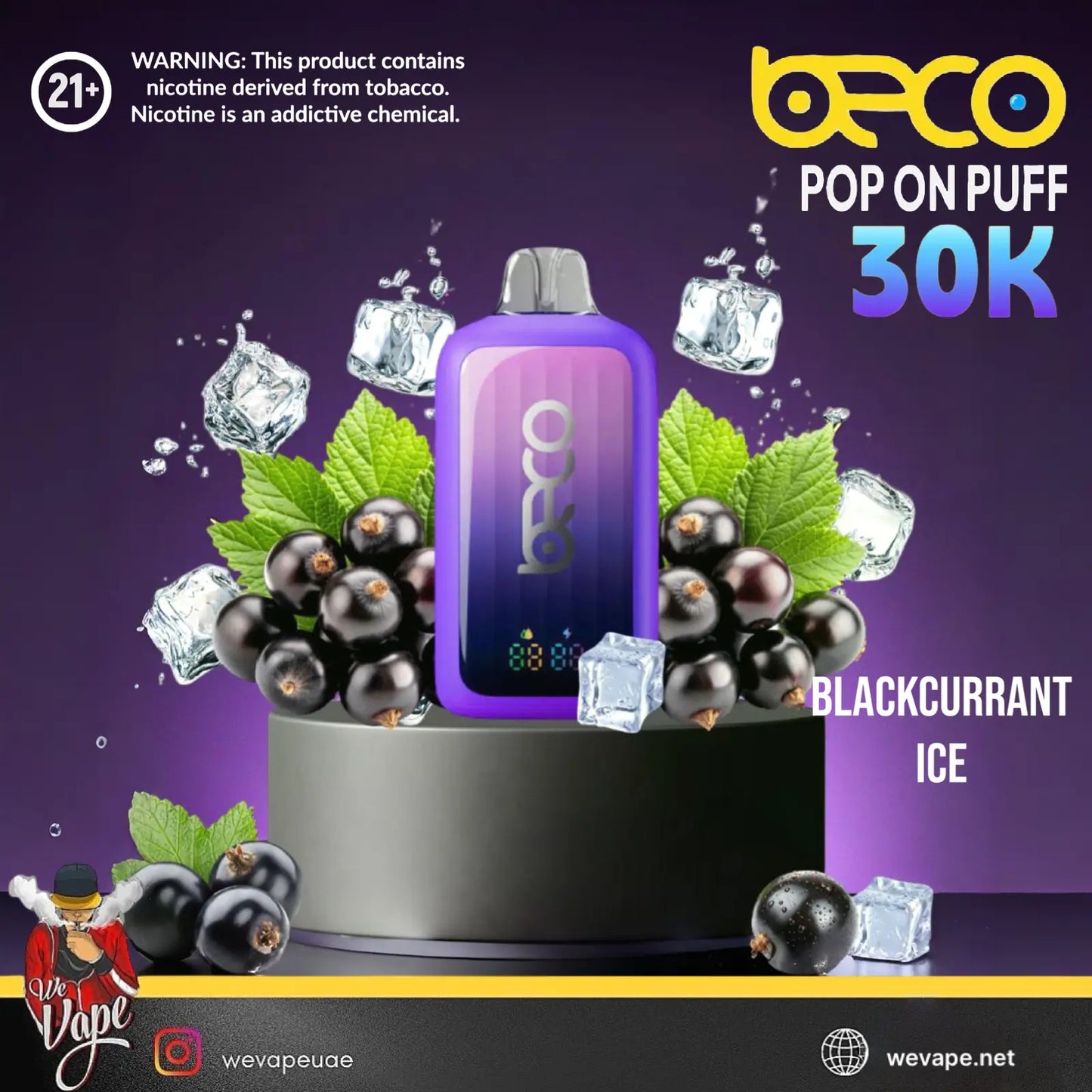 BECO vape device with blackcurrants and ice cubes on a purple background. ORDER NOW