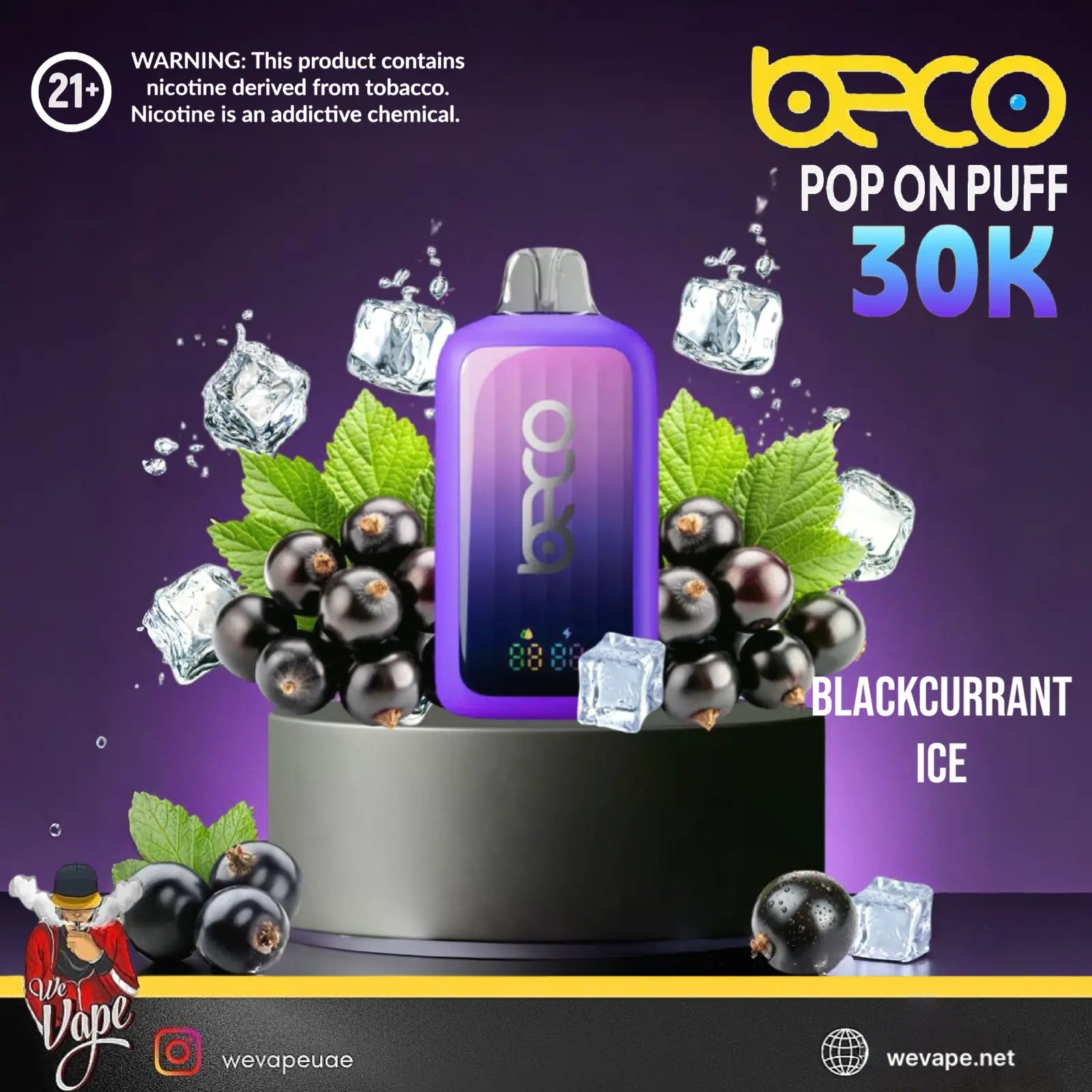 BECO vape device with blackcurrants and ice cubes on a purple background. ORDER NOW