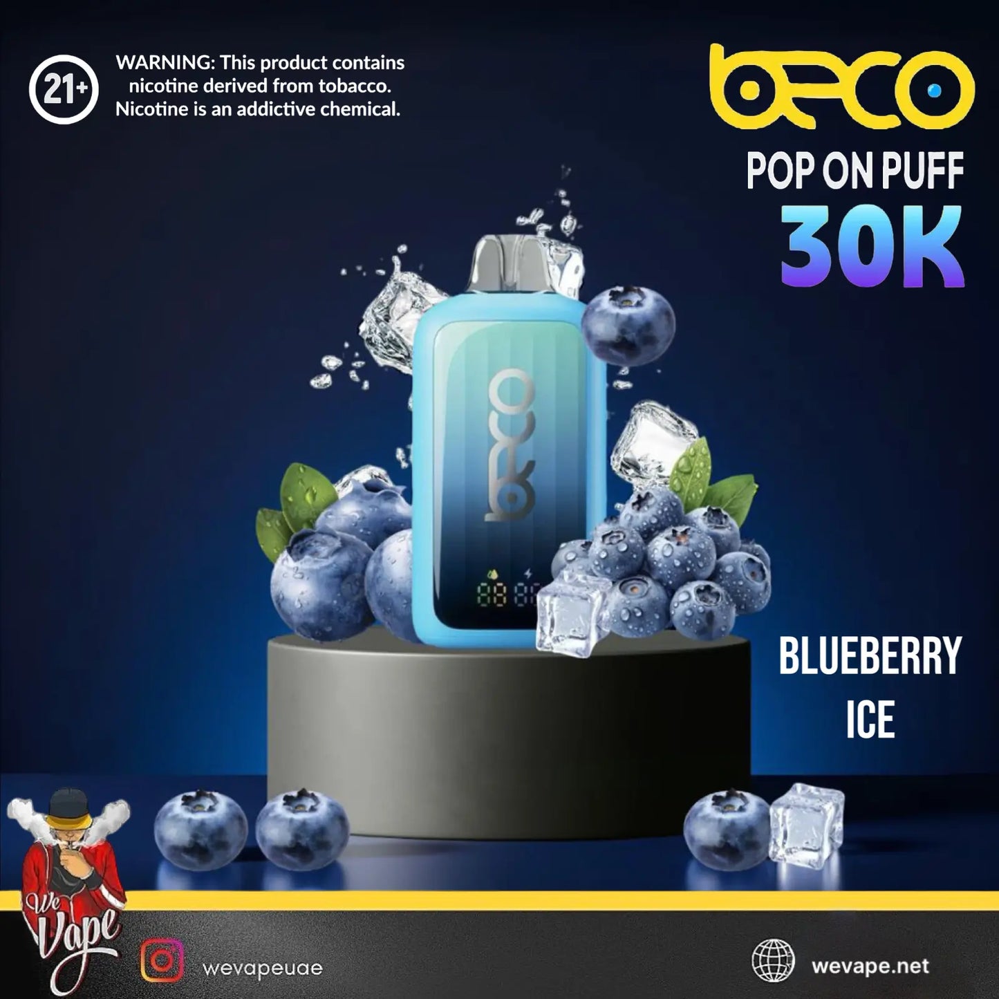 BECO vape device with blueberries and ice cubes on a dark background, featuring the brand name and product details. ORDER NOW