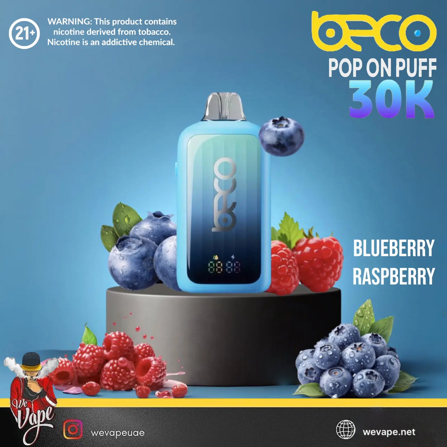Blue vape device with blueberries and raspberries on a blue background, featuring the brand 'BECO'. ORDER NOW