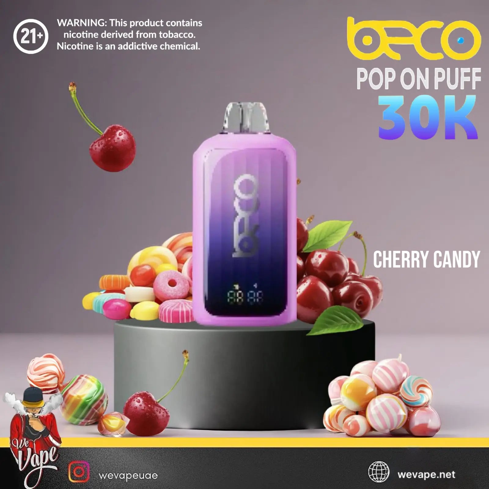 Vape device with cherry candy theme and BECO branding. ORDER NOW