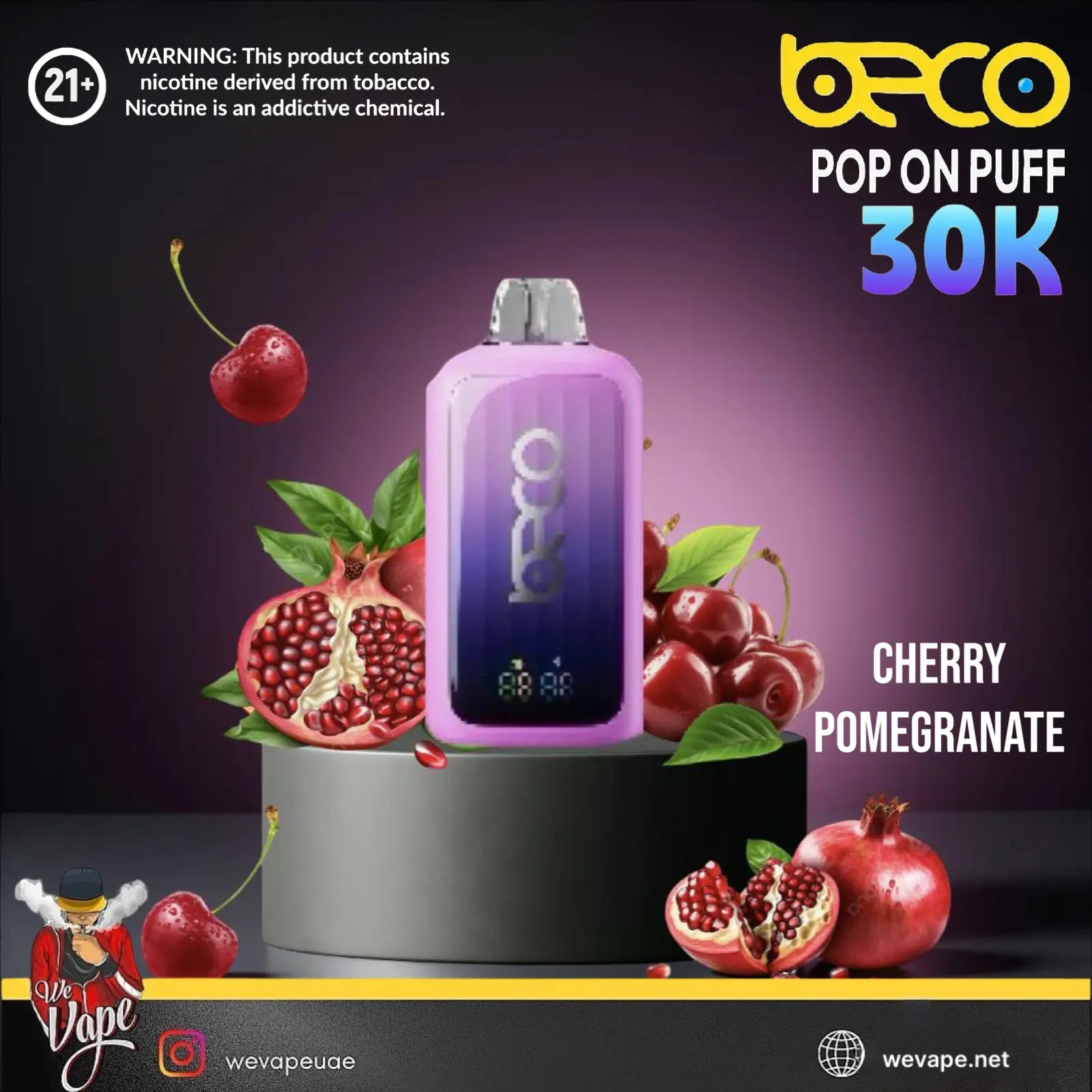 Vape device with cherry and pomegranate graphics on a dark background, featuring the brand 'BECO'. ORDER NOW