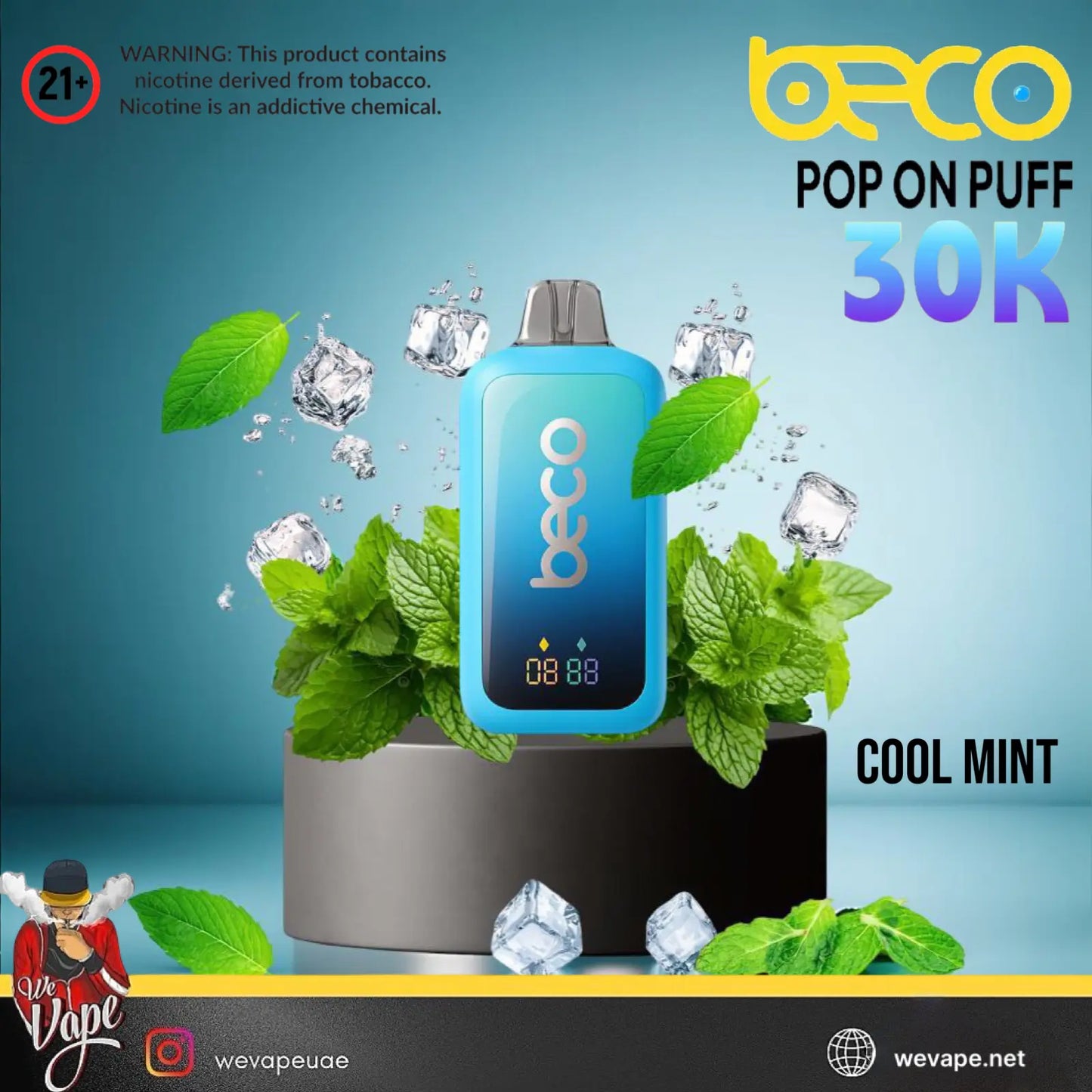 Beco vape device with mint leaves and ice cubes on a blue background. ORDER NOW