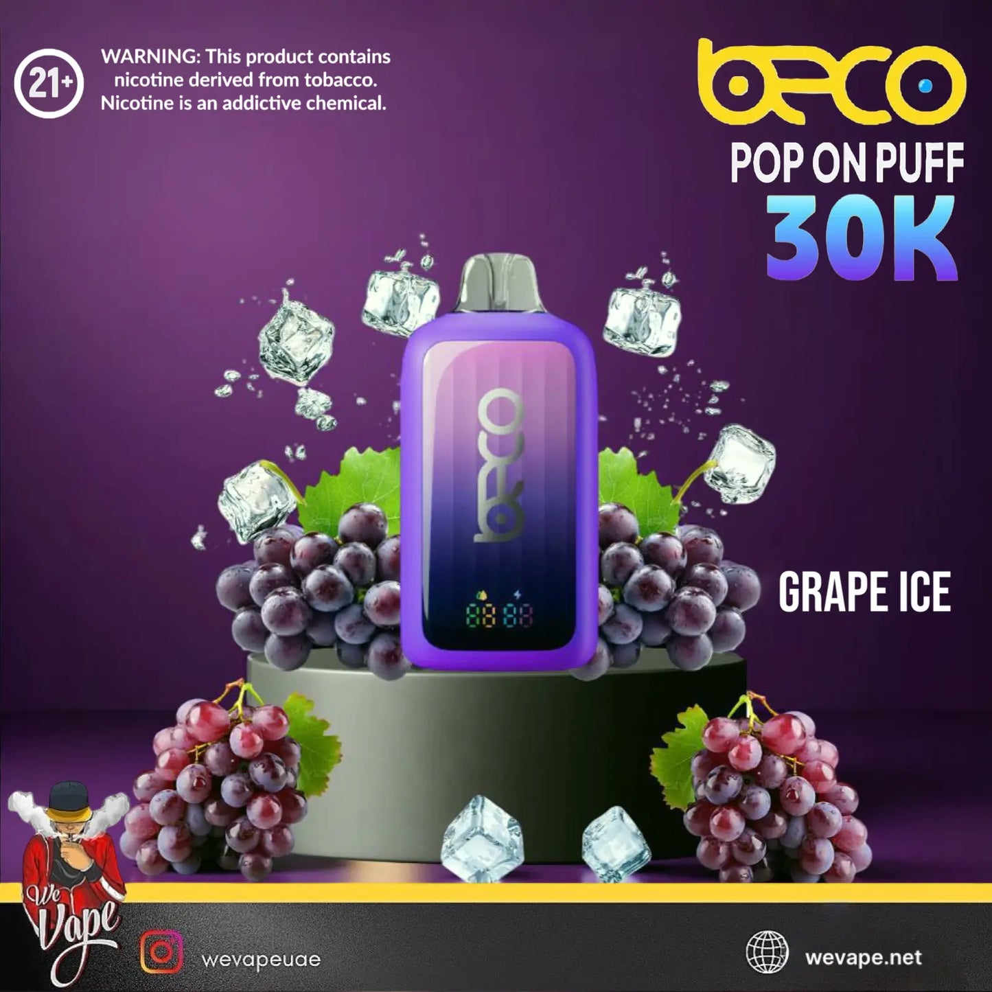 BECO Pop on Puff 30K Grape Ice vape device with grapes and ice cubes on a purple background. ORDER NOW