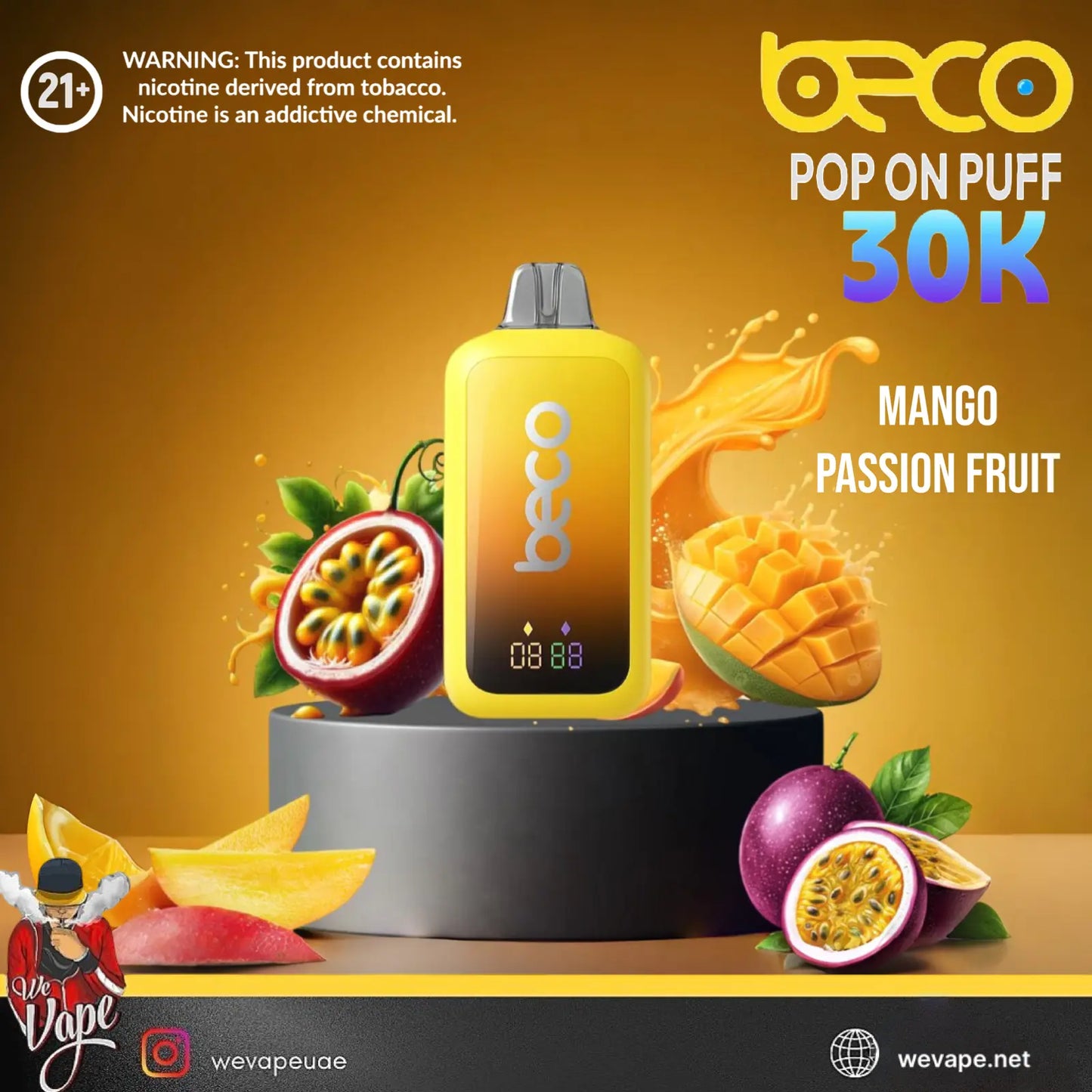 Beco vape device with mango and passion fruit on a yellow background. ORDER NOW