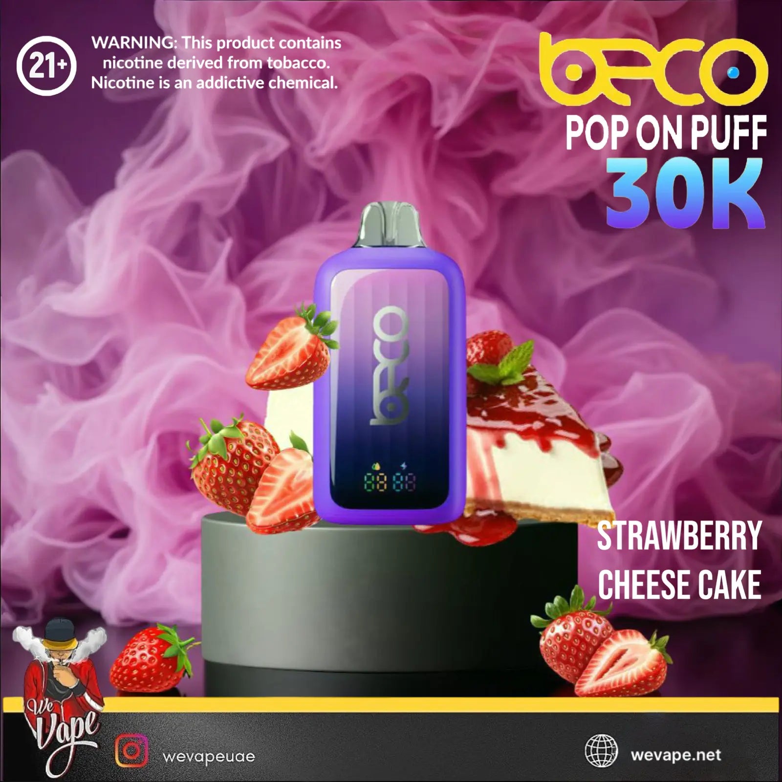 Bepco vape device with strawberry cheese cake flavor on a vibrant background. ORDER NOW
