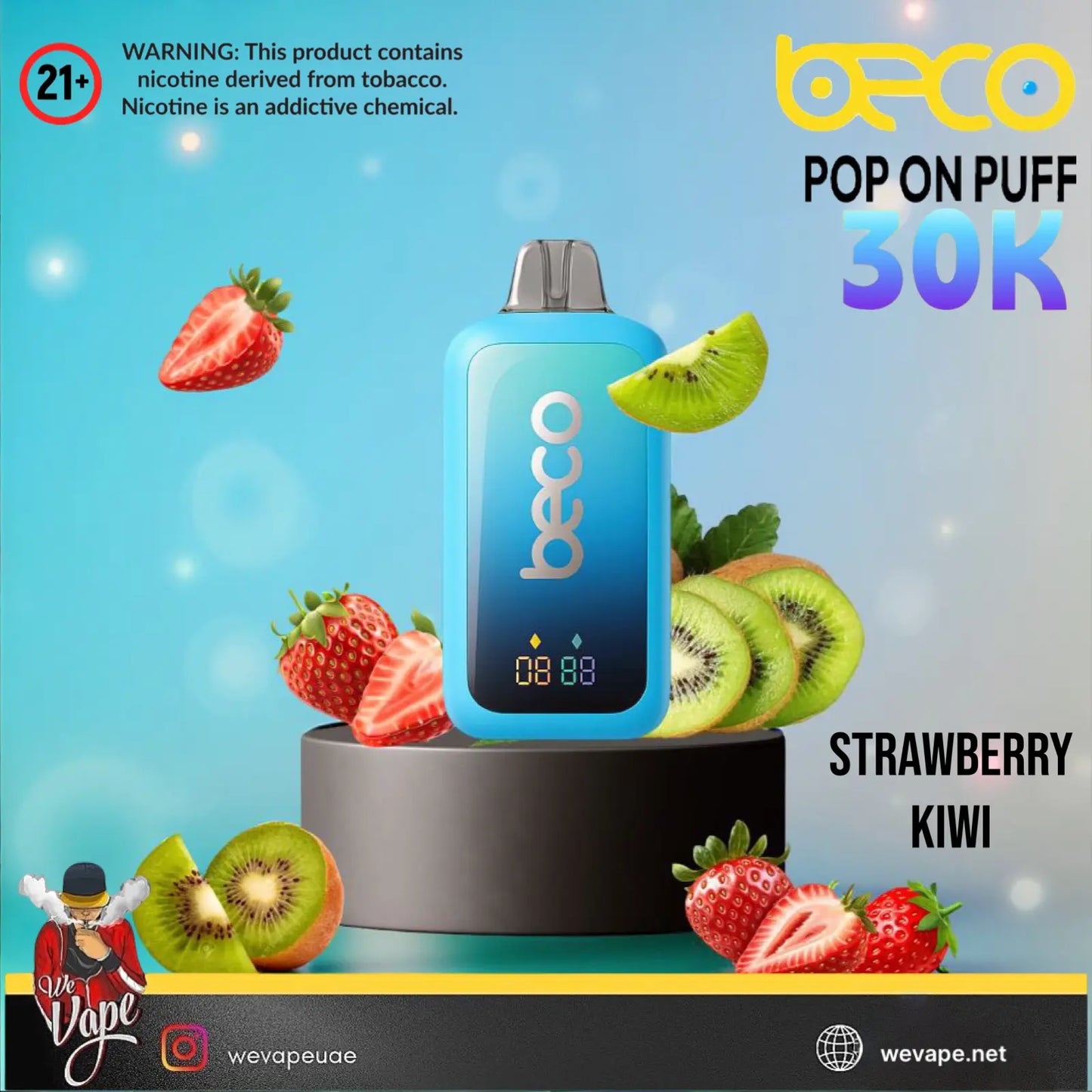 Beco Pop on Puff 30K vape device with strawberry and kiwi graphics on a blue background. ORDER NOW