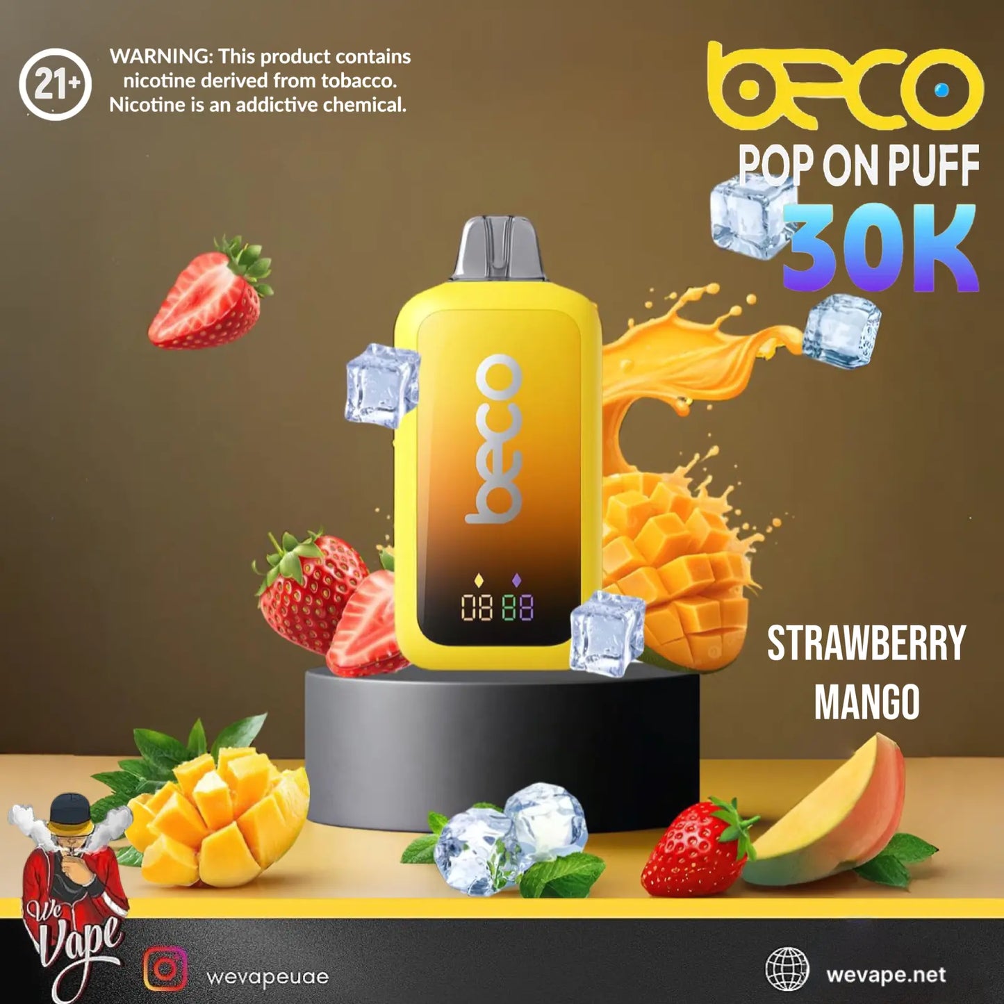 Beco Pop on Puff vape device with strawberry, mango, and ice elements on a brown background. ORDER NOW