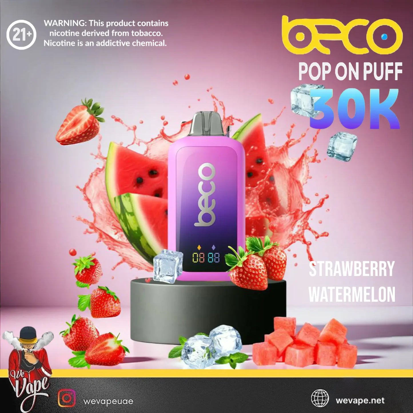 Beco vape device with strawberry, watermelon, and ice elements on a colorful background. ORDER NOW